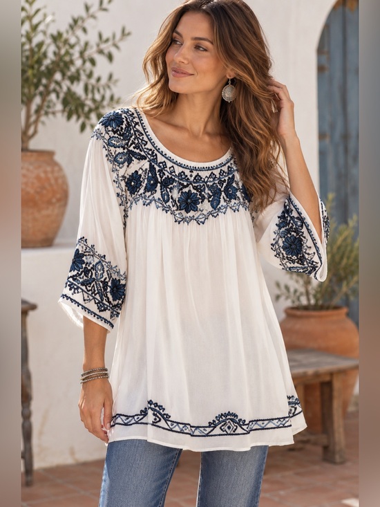 Vintage Collection Tops - Vintage Collection XL NWT Handwoven Embroidered Boho Tunic White Blue Artisan